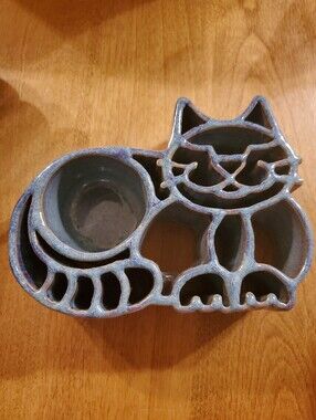 Candle Pots Kitty Cat Blue Brown Drip Glaze Votive Holder Bay Pottery USA MADE